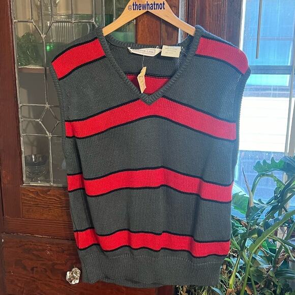 Vintage 80s Gray Red Striped Sweater Vest Men S Retro Prep Academia Unisex Cozy - Picture 8 of 17